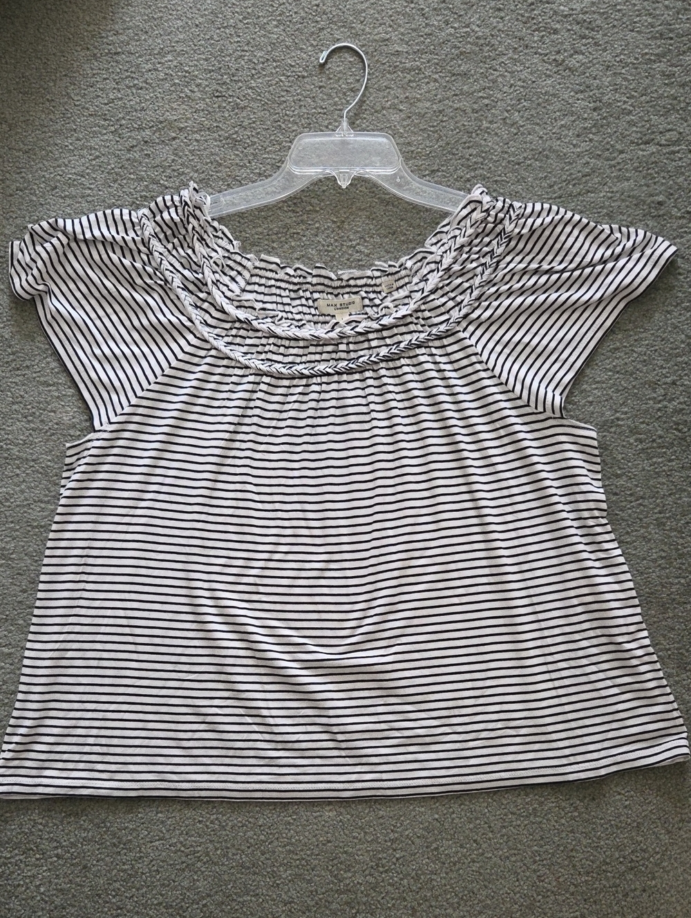 Max Studio Black & White Striped Off-Shoulder Crop Top